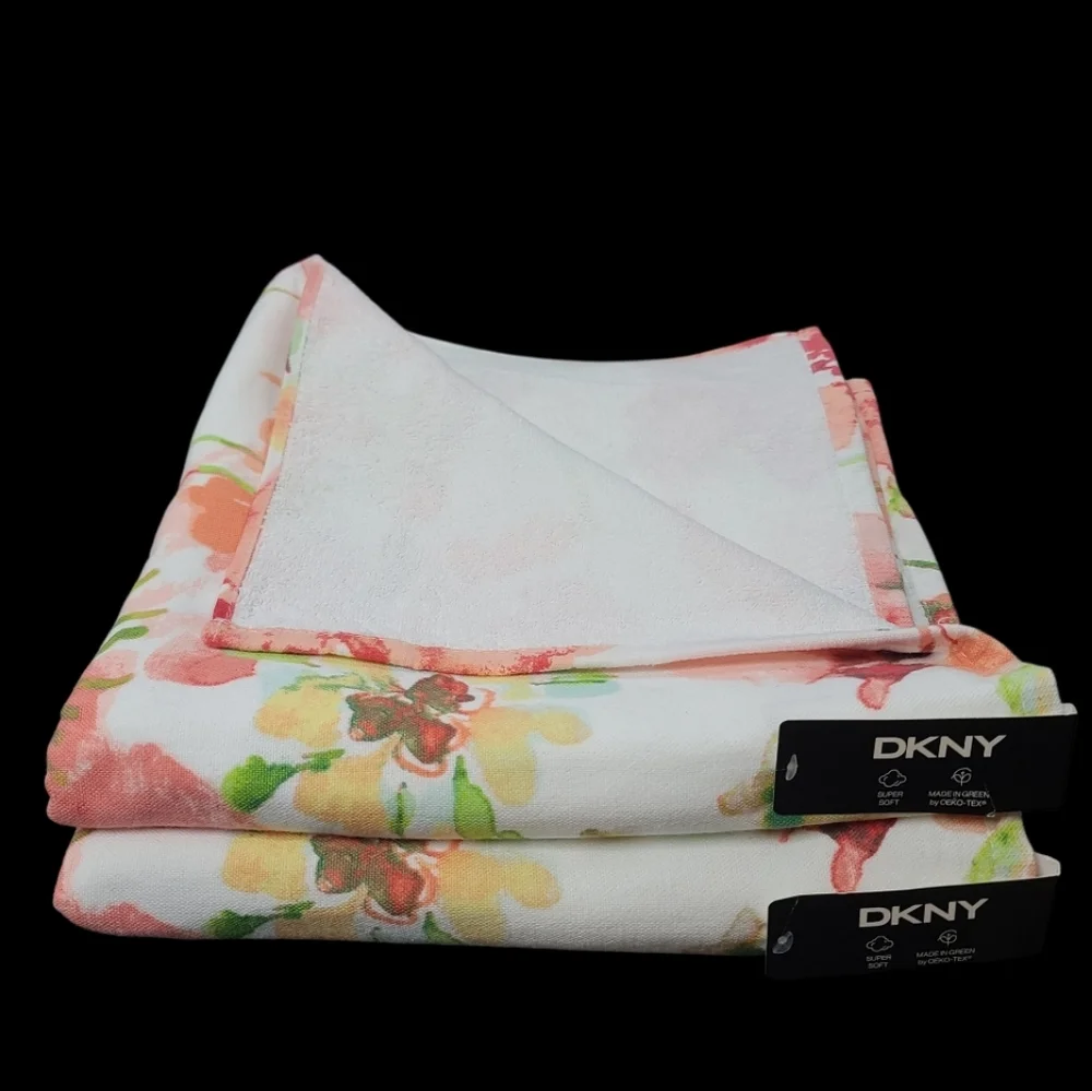 DKNY 4Pc Bath & Tip Towel Set Tropical Floral Coral Gold & Green Watercolor NEW